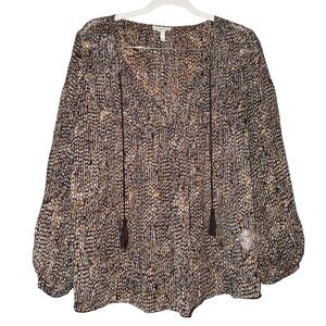 JOIE Brown Gold Dot Tassel Tribal Flowy Light Top Shirt 100% Silk Size Small
